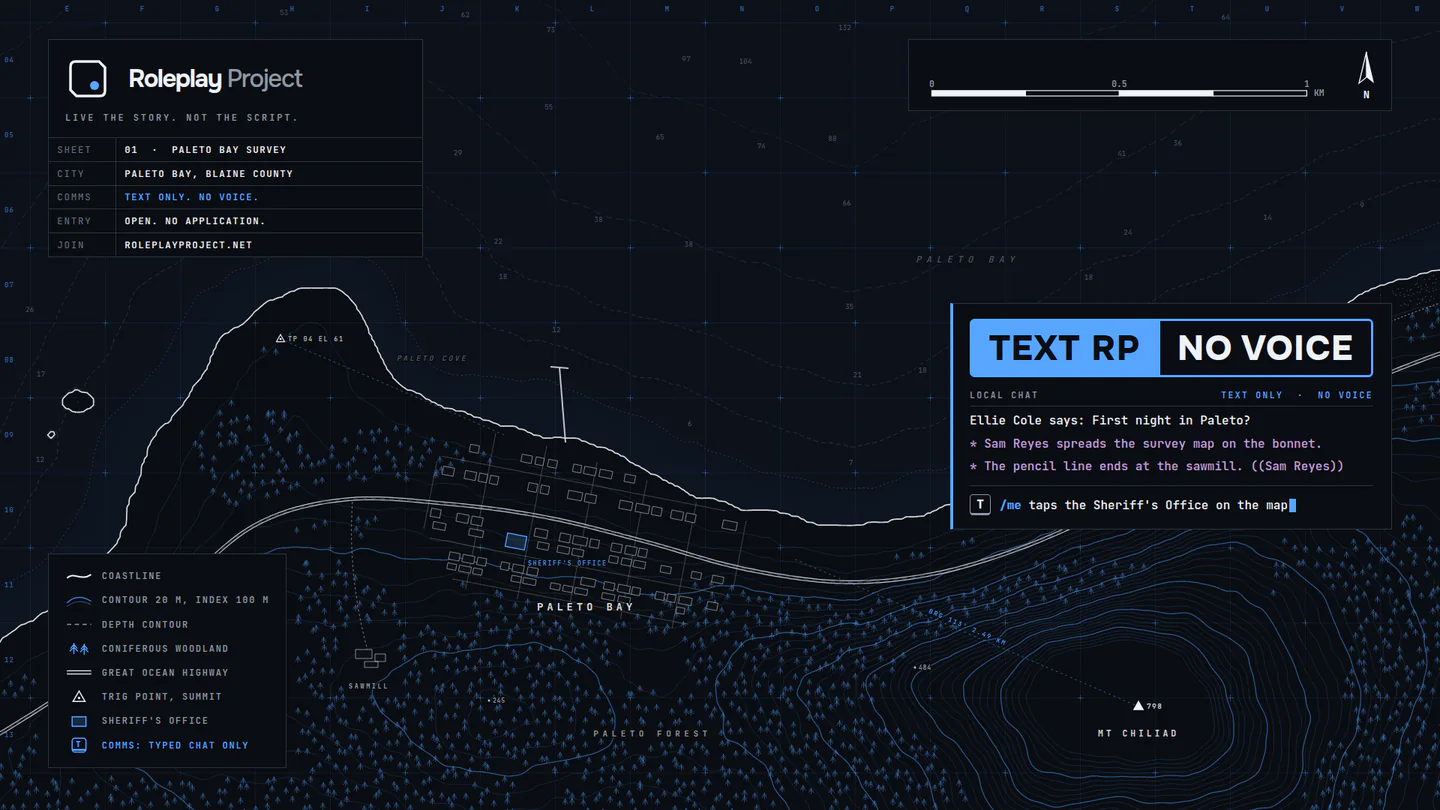 Roleplay Project | TEXT RP · NO VOICE | Heavy roleplay in Paleto Bay | Open registration | roleplayproject.net FiveM server banner