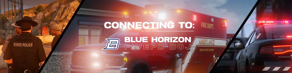 🚀 BLUE HORIZON DOJ-RP ✘ 🚩 Gutes Spielerlebnis ✘ 🎤 ^Ingame-Voice ✘ 🧩 Gute Performance ✘ ✅ Anfängerfreundlich ✘ 🏛 Departments: LSPD, BCSO und SAFR FiveM server banner