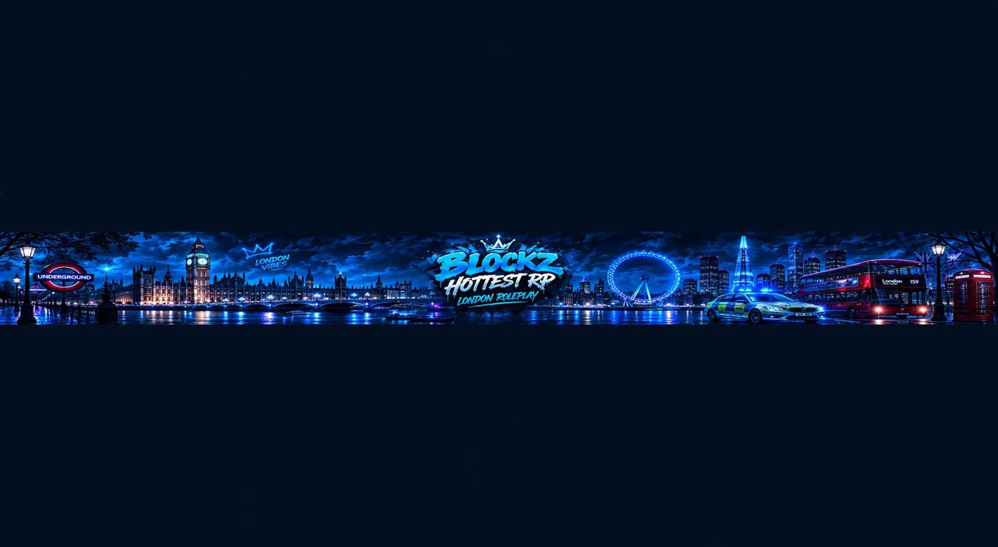 BlockzHottestRP・British・🏙️ LondonStyle・🎭 SeriousRP・🚔 Police・🚑 EMS・🔫 Gangs・💼 Jobs・🏢 Businesses・🚗 CustomCars FiveM server banner