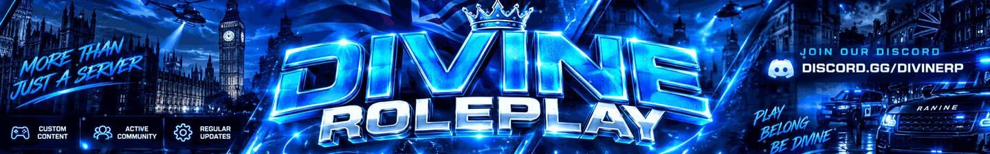 🇬🇧 Divine Roleplay |🎯 Serious British RP | 🚓 Active Police | 💼 Active Staff | 💖 Female & Streamer Friendly | 🎁 Free Starter Pack FiveM server banner