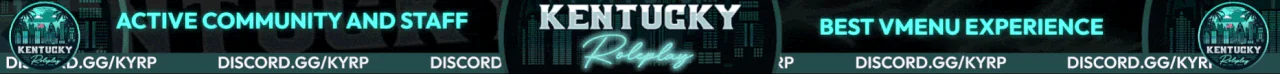 Kentucky RP | vMenu | Inventory System | TOS COMPLIANT | Steering Wheel Support | Female Community | BEST VMENU WITH INVENTORY | Housing | Shops | Custom Paid Jobs | 2500+ Custom Cars | Economy System | Updates Daily | Discord.gg/KYRP FiveM server banner