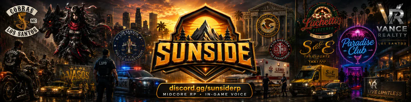 🧡SUNSIDE🖤|⚖️Midcore RP|🔊Ingame-Voice|🚔LSPD & SAFD🚒|⚔️Fraktionen Gesucht|⚔️Illegale Fraktionen & Unternehmen|🎯Custom Scripts FiveM server banner