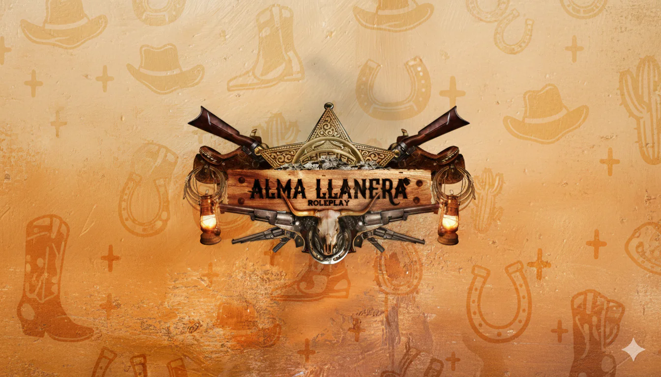 🐎 Alma Llanera Condado de Rol | 💰 Trueque | 🔫 Vaqueros | 🤠 Staff Activos | 💵 Economía Realista | 🛠️ Trabajos del Llano | 🐎 Caballos y Monturas Únicas | 🔫 Delictivos Activos | ⭐ ¡Se Busca Sheriff! FiveM server banner