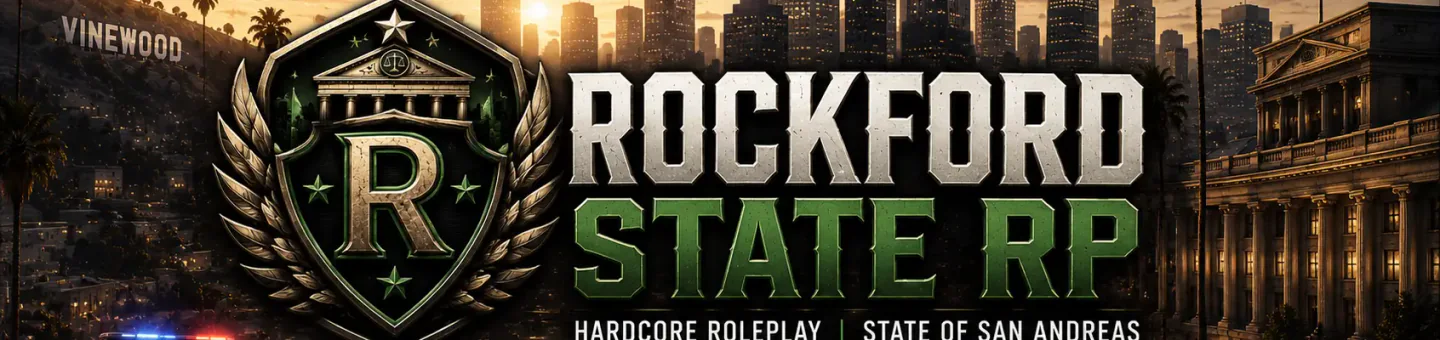 Rockford State RP | 🏛️ Hardcore RP | 🎙️ Voice | 👮 Spielergeführter Staat | ⚖️ Realistische Justiz | 💰 Spielerwirtschaft | 🚔 SASP • 🏥 SAHC • 🔥 SAFR • 🛡️ FIB FiveM server banner
