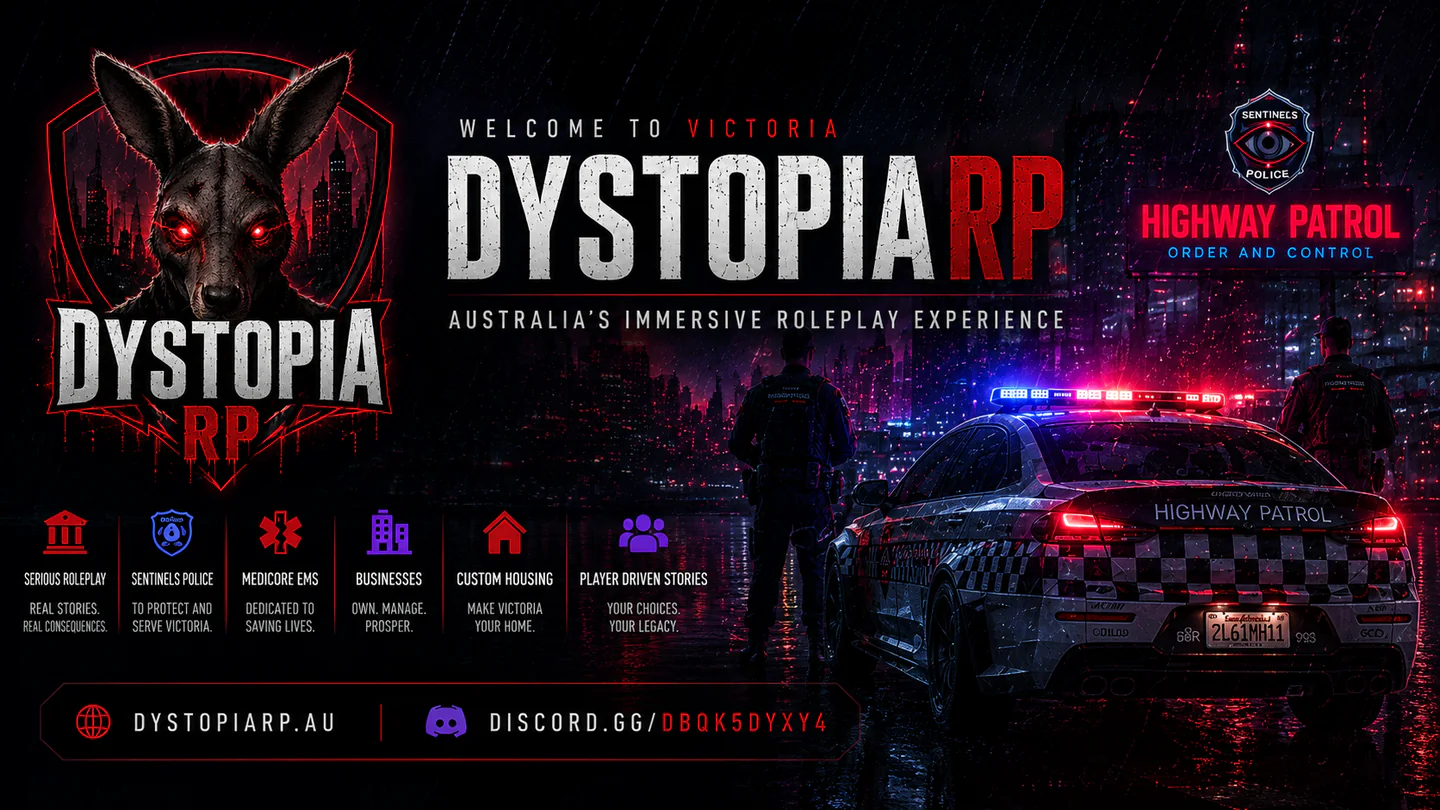 DYSTOPIA RP | Australia's Immersive Roleplay Experience FiveM server banner