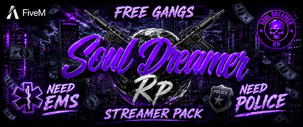 ✨Soul Dreamer RP✨|🚑EMS+PD🚔|💅🏼Female Friendly🎀|🥂+18 Only🍹|🔫Free Gang Pack💊|🎥Streamer Friendly🎬 FiveM server banner