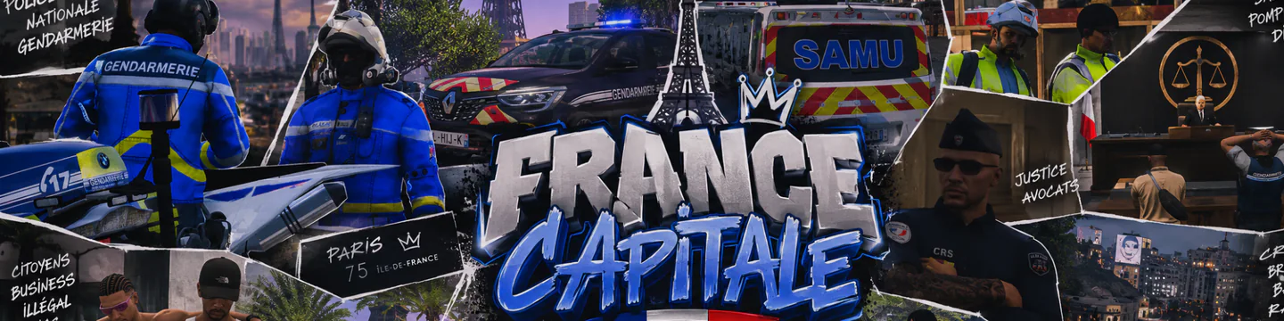 🗼France Capitale | Life 🇫🇷 Plongez au cœur de Paris et construisez votre propre histoire. 🌆👮 Services publics • 💼 Entreprises • 🚗 Véhicules • 🏠 Vie quotidienne🎭 Un RP sérieux, immersif et accessible à tous.✨ Votre vie. Vos choix. Votre histoire FiveM server banner