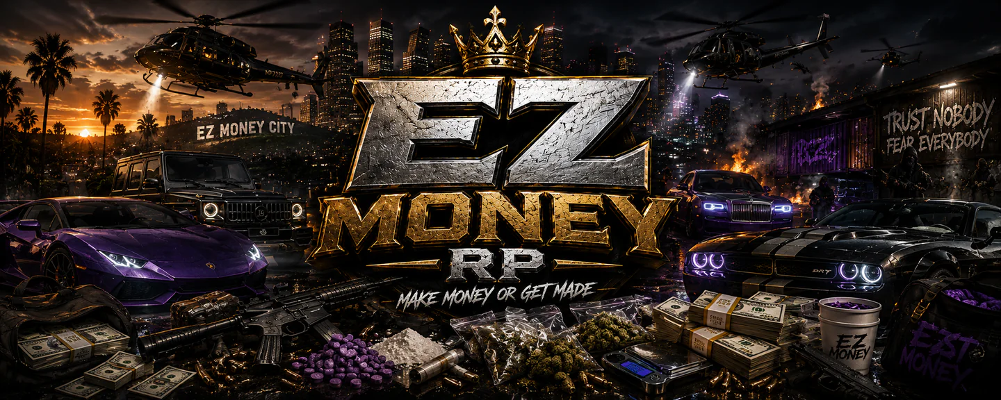 💰 EZ MONEY RP | GRAND OPENING | 💵 $250K + CAR STARTER PACK | 🚔 HIRING PD/SHERIFF/HP | 🚑 EMS | 🏎️ CUSTOM CARS | 💊 DRUGS | 🔫 10+ HEISTS | 🏁 RACING | NEW PLAYER FRIENDLY FiveM server banner