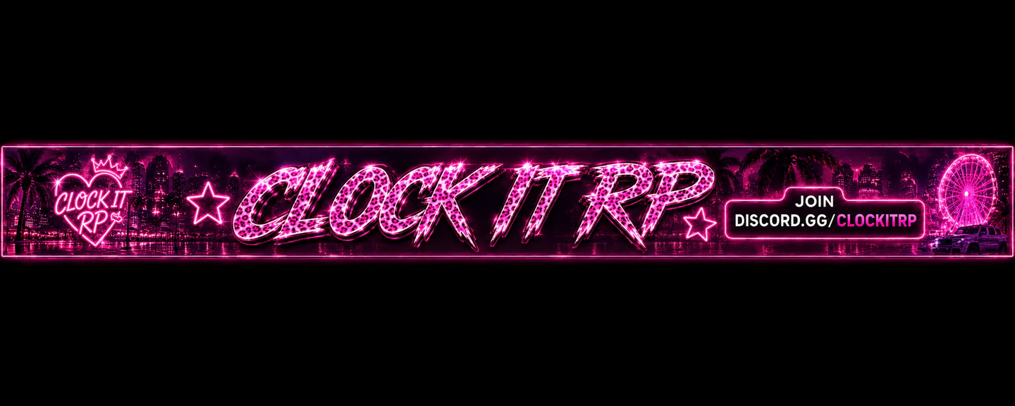 Clock It RP | Semi-Serious | Custom Weapons | Custom Clothing | Custom Cars | Balanced Economy | ^bPlayer Owned Businesses | Active Staff & Devs | Join discord.gg/TJ3UNGbBVf to enter! FiveM server banner