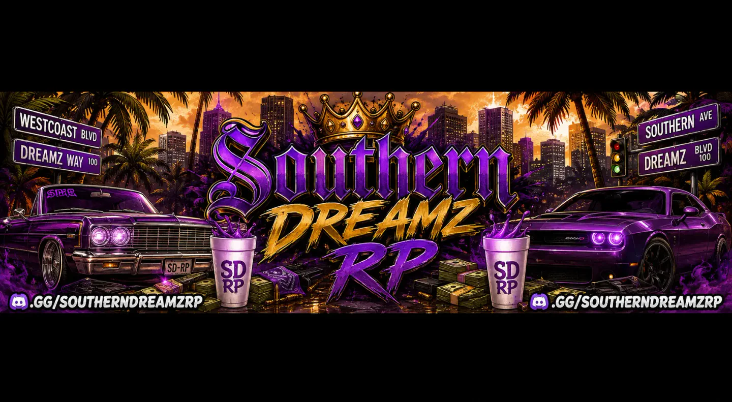 ✨ Southern Dreamz RP ✨ | 🔥 Serious RP 🔥 | 🚓 Active PD & EMS 🚑 | 🏢 Player-Owned Businesses 🏢 | 🌿 Active Gangs & Drugs 🌿 | 🧭 Professional Staff 🧭 | ❗ 18+ Only ❗ FiveM server banner