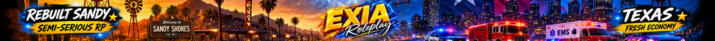 EXIA RP | π΅ TEXAS SEMI-SERIOUS | π΅ FRESH ECONOMY | π’ PLAYER BUSINESSES | π« HEISTS & DRUGS | π BCSO β’ LSPD β’ SAST | π₯ GANGS WANTED FiveM server banner