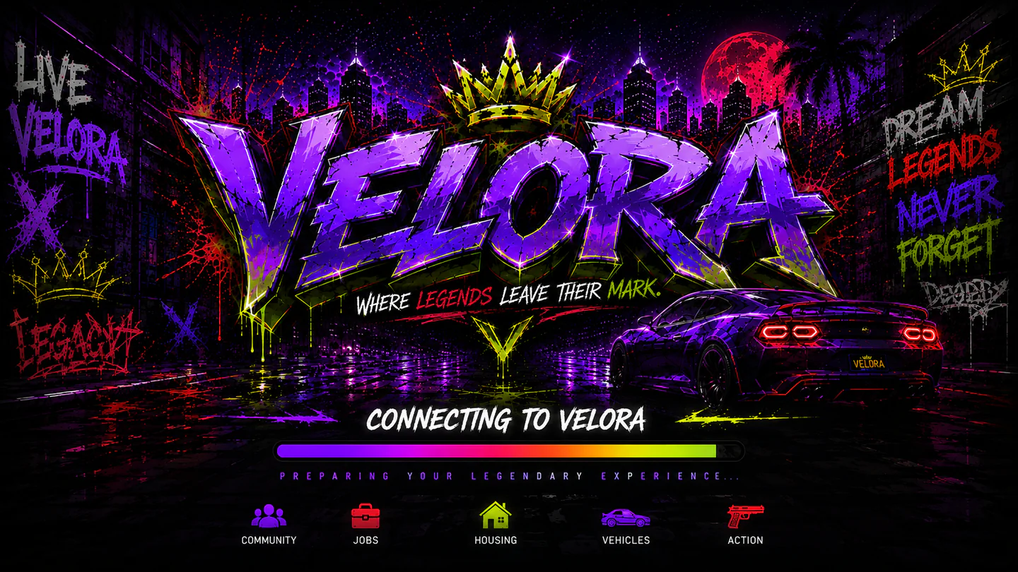 Velora | 🏠 Deep Home & Family RP | 👑 Unique Gang & Organization RP | 🎮 Exclusive Features & Events | 🤝 Friendly Community & Active Staff | 🚓 Police, EMS & DOJ Careers | 🏢 Player Owned Businesses 🏢 | 🚗 Custom Vehicles & Activities | ✨ Endless Ways to Create Your Story | 🔞 Strictly 18+ 🔞‼ | FiveM server banner